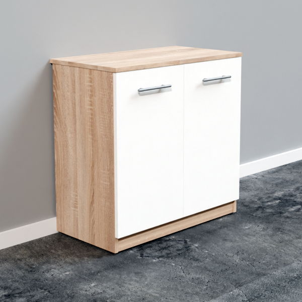 Комод цвет сонома с дверцами цвета белый глянец фото