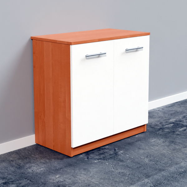 Комод с полками и дверьми цвета белый глянец.